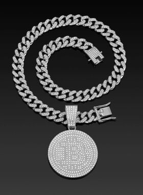 合金镶钻圆牌B字母比特吊坠项链嘻哈古巴链子欧美跨境饰品男式新