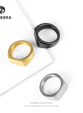 欧美潮牌戒指男士磨砂质感方形指环霸气嘻哈钛钢单身食指尾戒