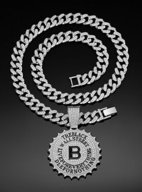 美式嘻哈厂牌圆B镶钻字母吊坠 满钻古巴项链男士长款链子跨境货源