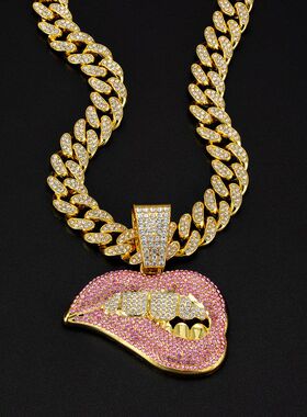 欧美嘻哈潮男项链古巴链配嘴唇吊坠锌合金满钻跨境外贸饰品工厂