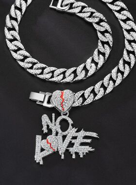 跨境新款嘻哈满钻古巴链拼接字母爱心吊坠hiphop街头文化潮男项链