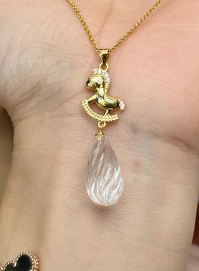 【吊坠】天然超双a高抛钻石白白水晶水滴形扭扭珠配小马银扣头