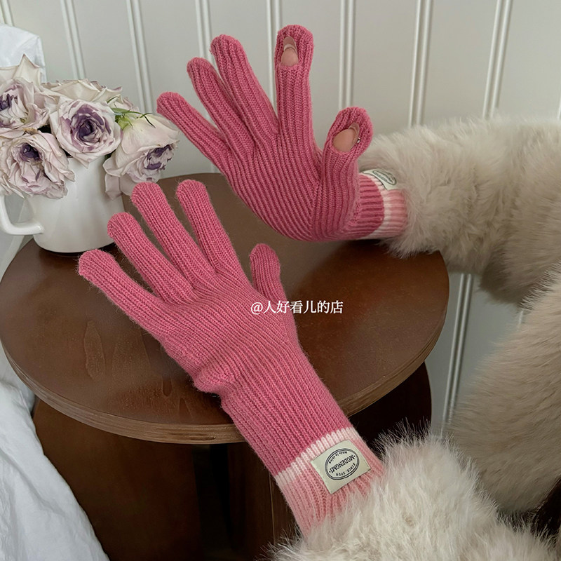 韩版撞色拼接保暖时尚百搭五指手套冬季骑行防寒可触屏露指手套女