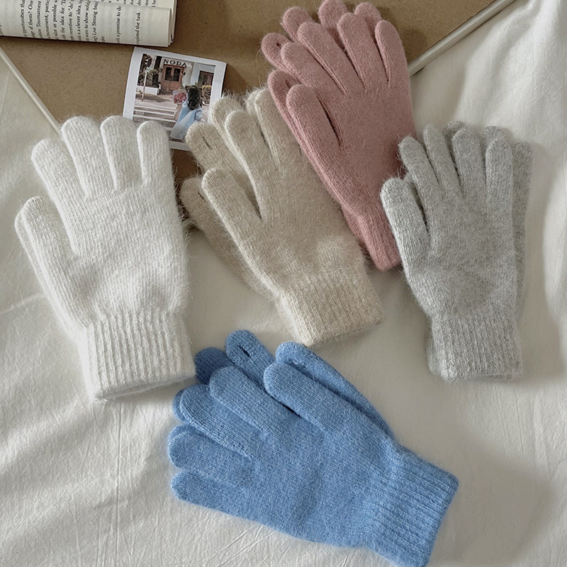 露指触屏兔毛加绒保暖手套冬季保暖抗冻五指骑行ins玩手机手套蓝