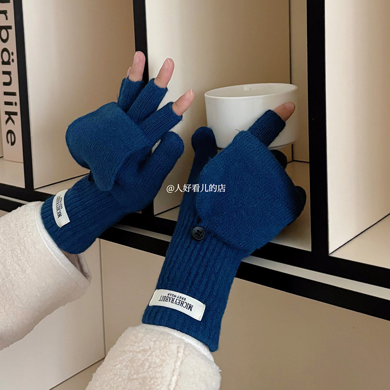 半指翻盖手套冬季女士可爱防寒保暖毛线手套秋冬露指半截学生写字