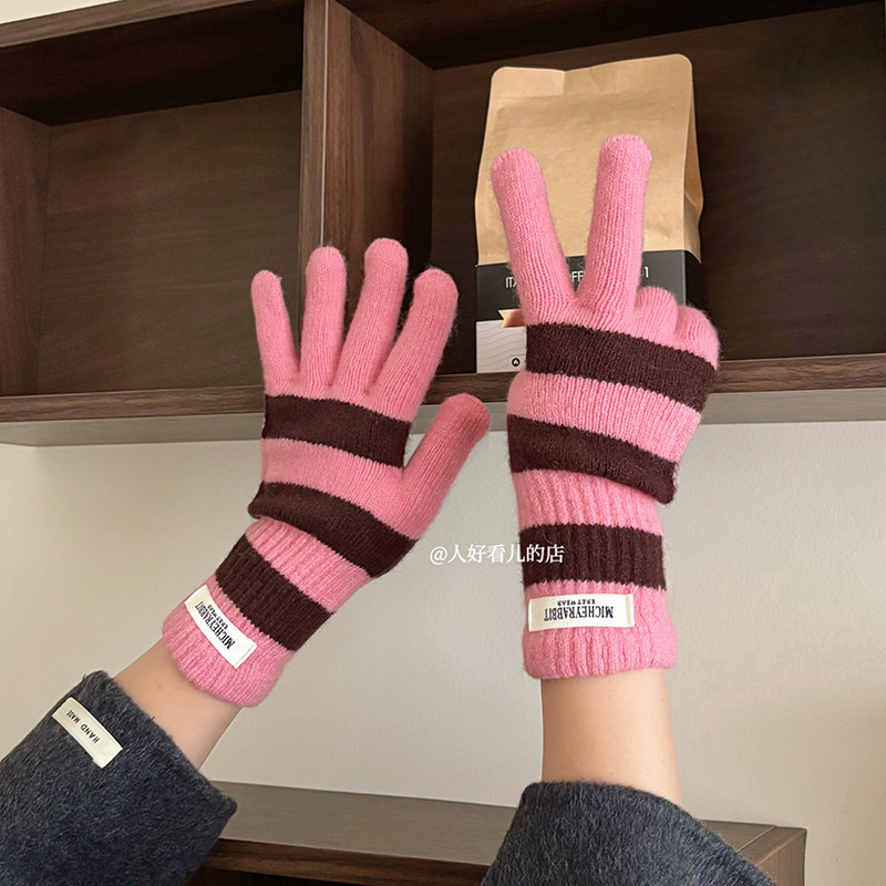 韩系ins条纹针织手套女2025秋冬新款学生保暖防寒骑行分指手套潮