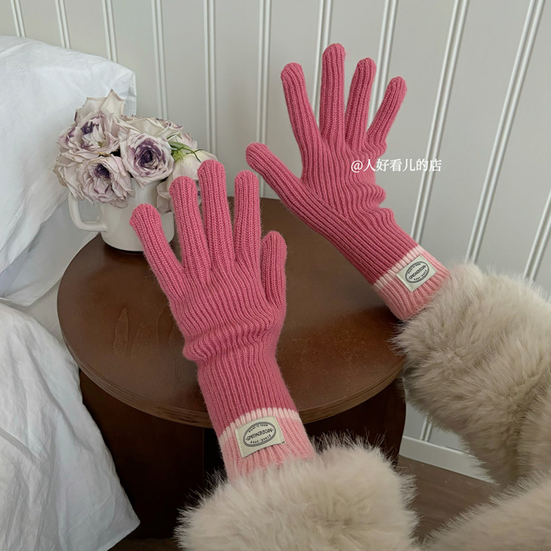 韩版撞色拼接保暖时尚百搭五指手套冬季骑行防寒可触屏露指手套女