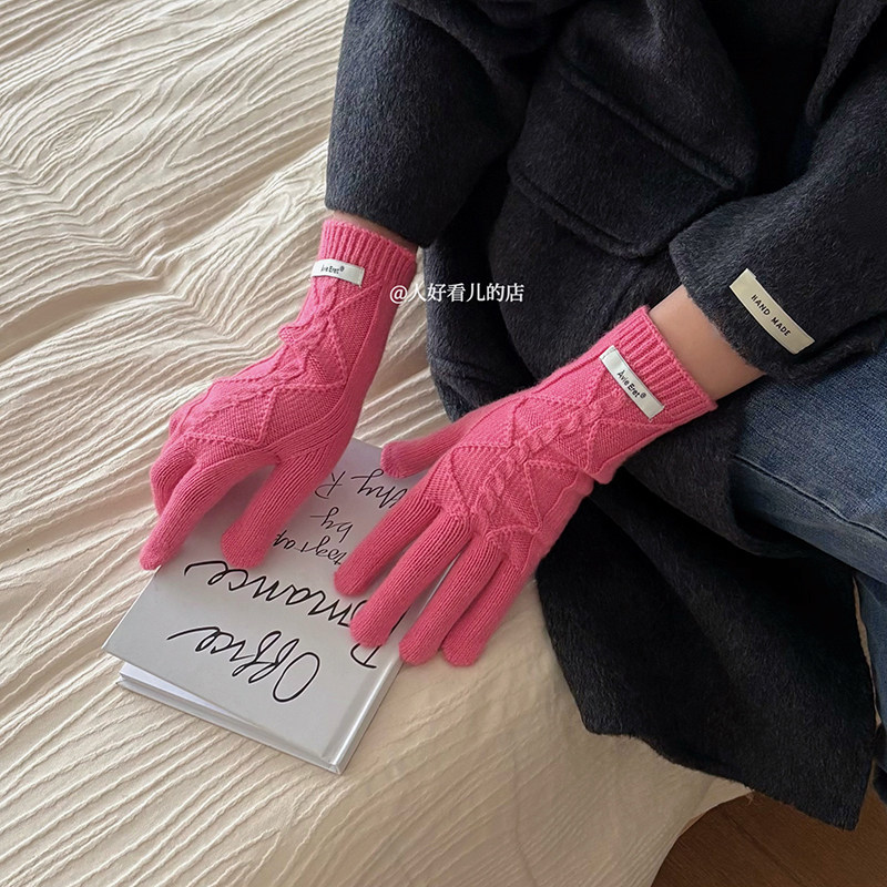 韩系ins麻花针织毛线手套女2025新款秋冬可触屏保暖防寒骑车手套