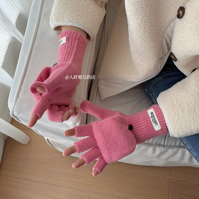 露半指翻盖针织手套女秋冬保暖加厚学生写字防寒骑行可触屏手套