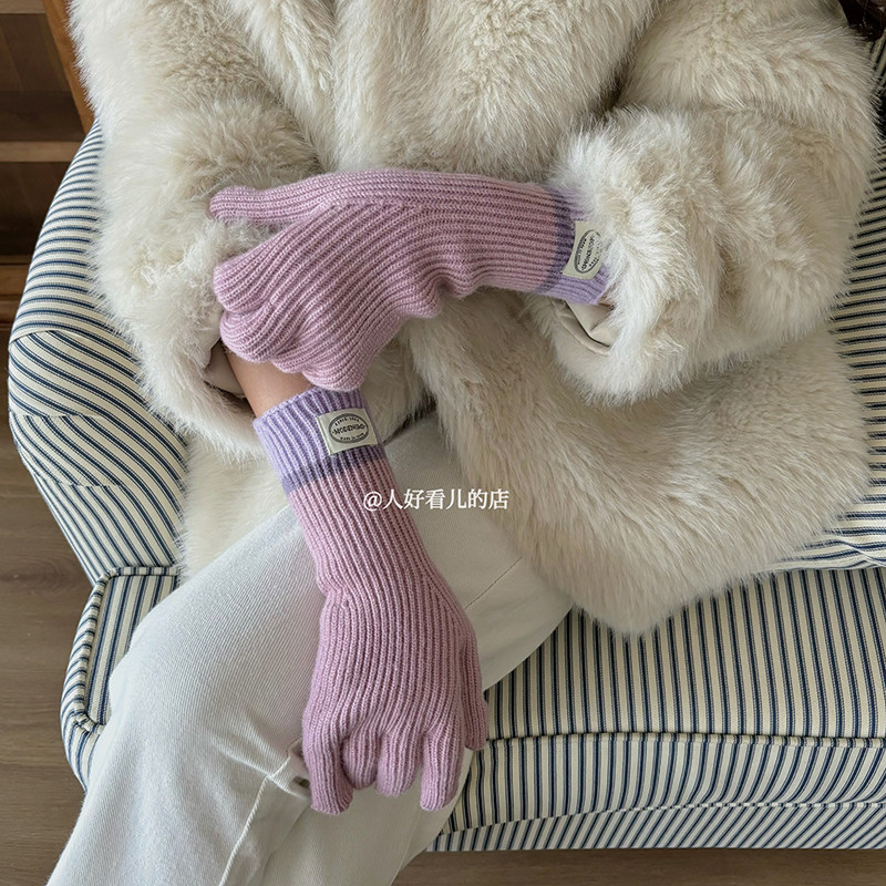 韩版针织羊绒手套女冬季五指针织保暖可触屏露指手套学生骑行防寒