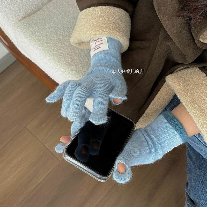 ins风韩系贴布针织手套女冬季加长款分指露指可触屏防寒保暖手套