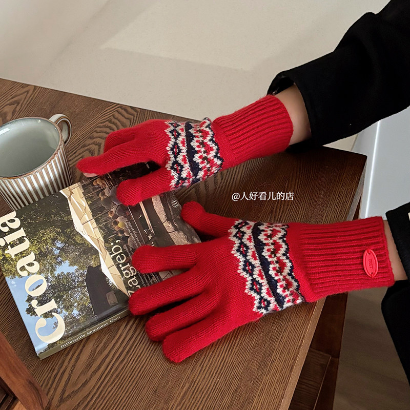 费尔岛红色毛线针织手套2025冬季加厚保暖防寒露指可触屏骑行手套