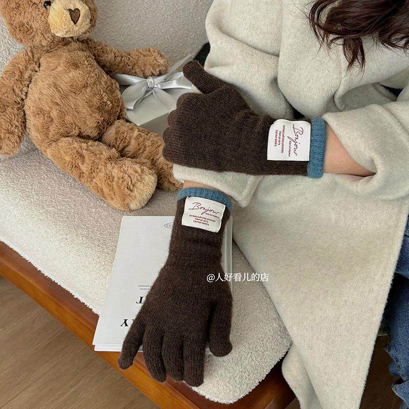 韩系ins贴布针织手套女冬季骑行保暖长款分指手套可触屏学生保暖