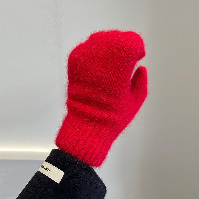 冬季红色兔绒手套女连指双层加厚保暖抗冻针织毛线防风手套ins潮