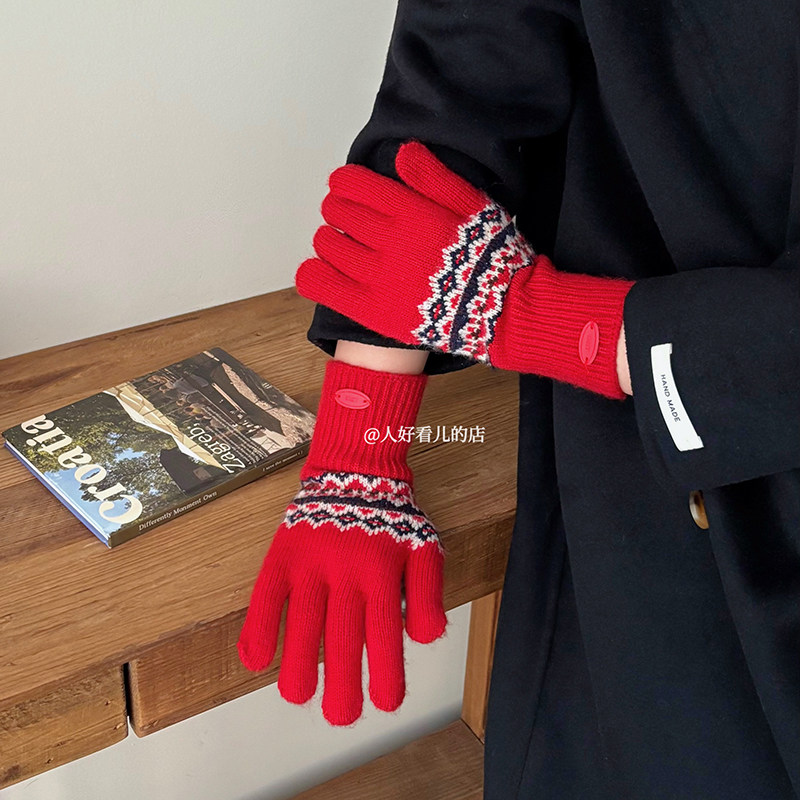 费尔岛红色毛线针织手套2025冬季加厚保暖防寒露指可触屏骑行手套