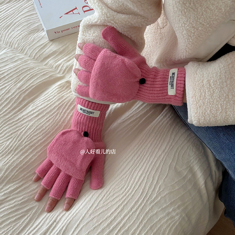 露半指翻盖针织手套女秋冬保暖加厚学生写字防寒骑行可触屏手套