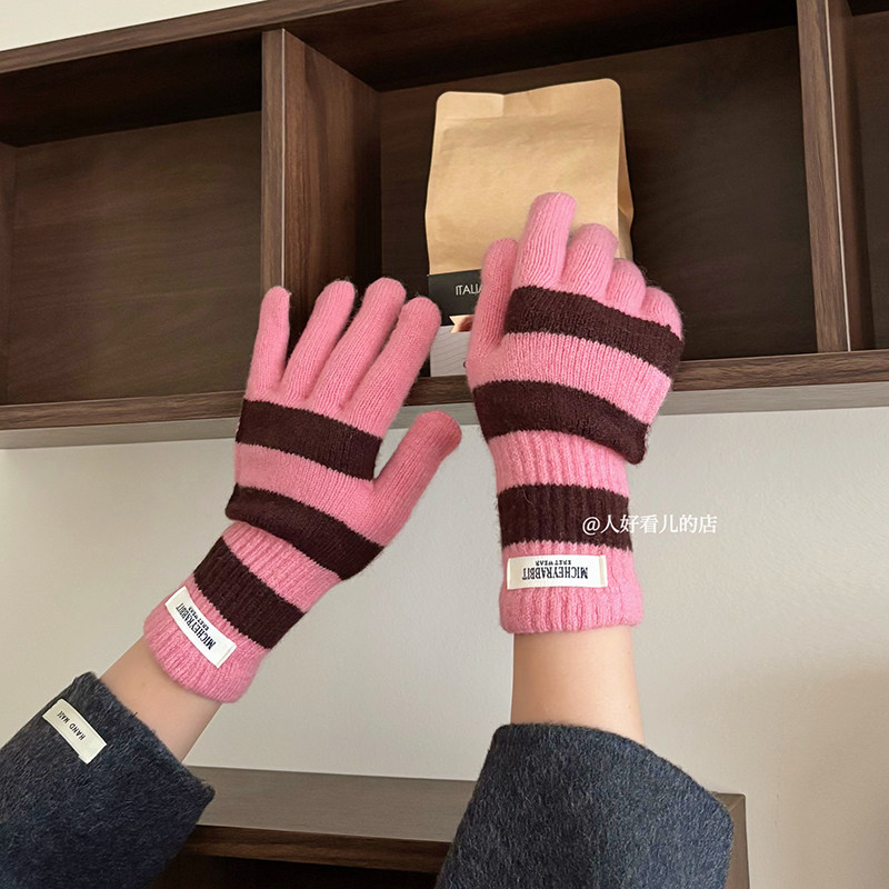 韩系ins条纹针织手套女2025秋冬新款学生保暖防寒骑行分指手套潮
