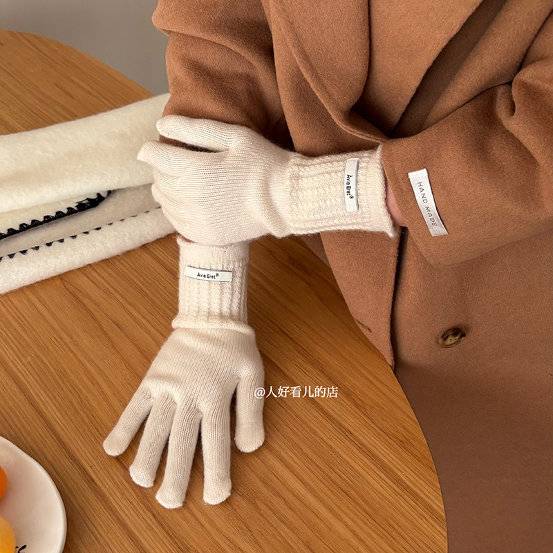 韩系ins贴布标手套女2025冬季新款加厚学生防寒保暖露指可触屏潮