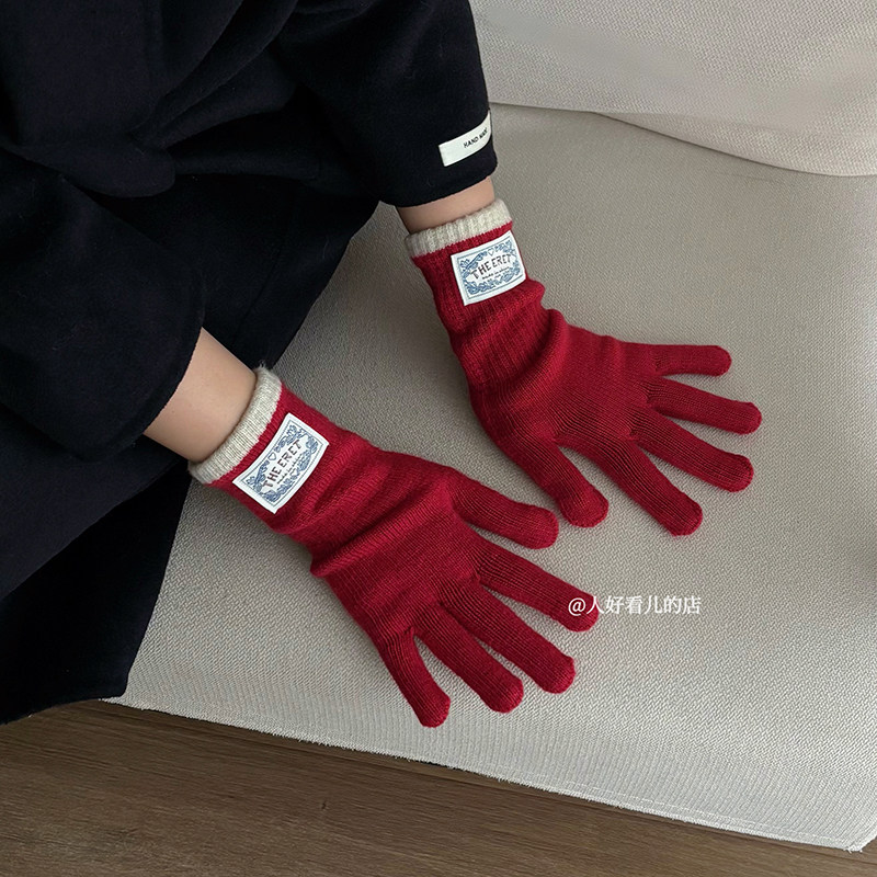 韩系ins贴布标手套女2025冬季新款加厚学生防寒保暖露指可触屏潮
