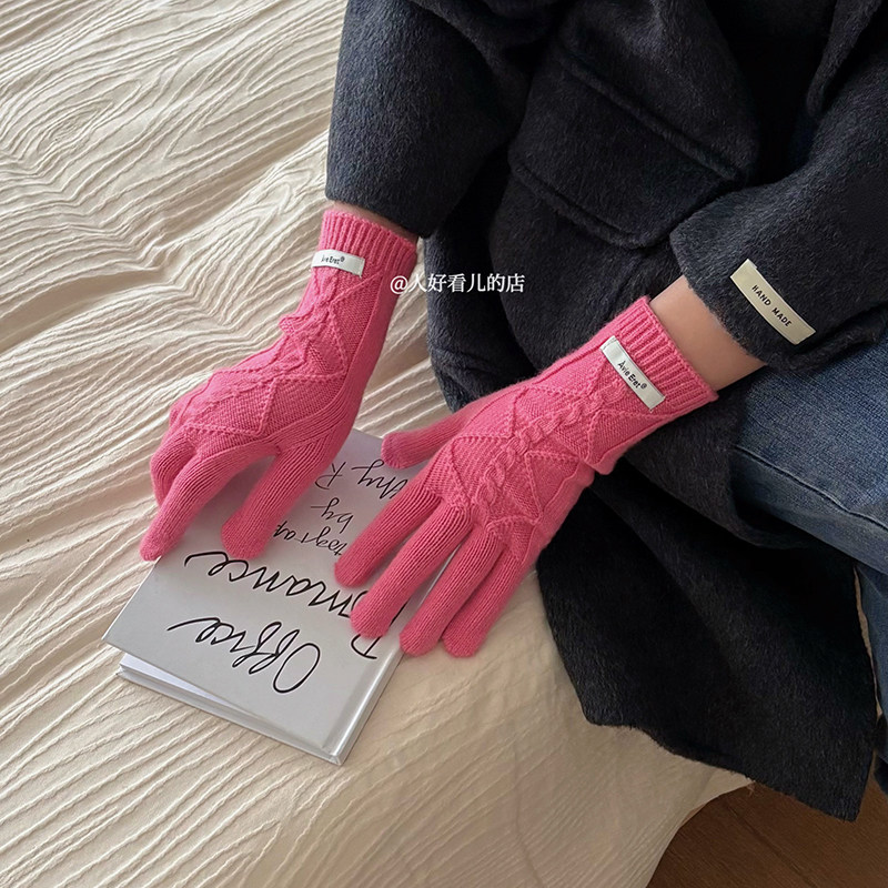 奶酪色简约麻花手套~秋冬保暖露指可触屏骑行防寒针织手套女韩ins
