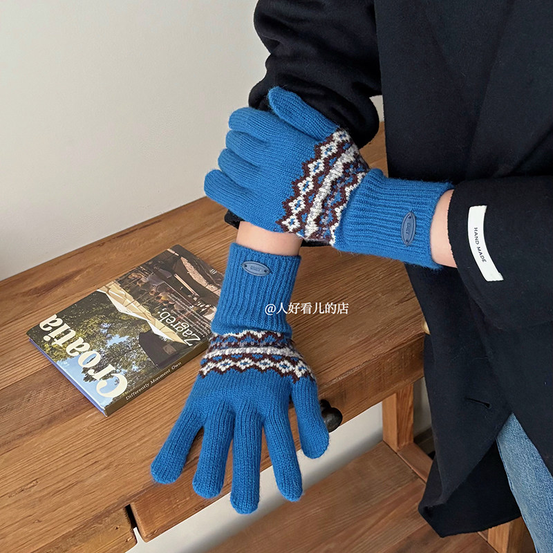 费尔岛风针织手套女2025新款冬季保暖防寒可触屏分指毛线手套时尚
