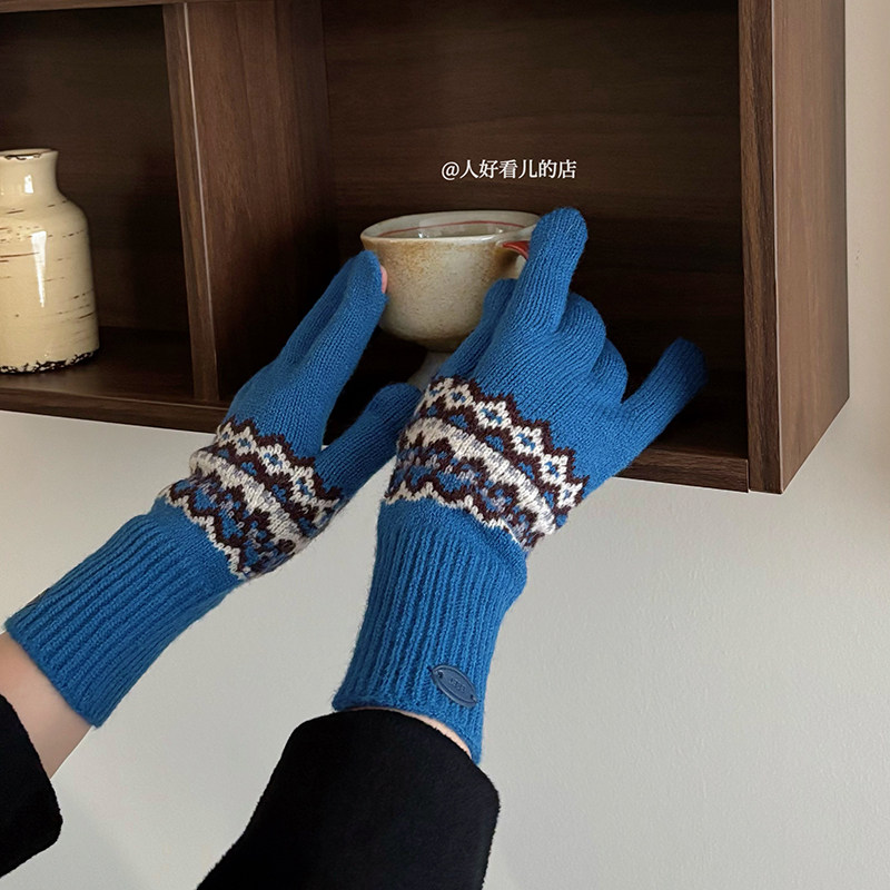 费尔岛风针织手套女2025新款冬季保暖防寒可触屏分指毛线手套时尚
