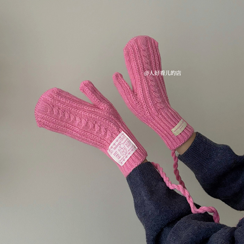 针织手套女冬季可触屏保暖2025新款韩版可挂脖手套加厚骑行防寒潮