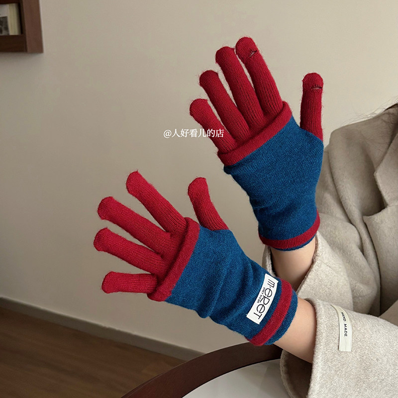 2025新款秋冬加厚露指韩版两用拼色针织手套女时尚可触屏分指手套