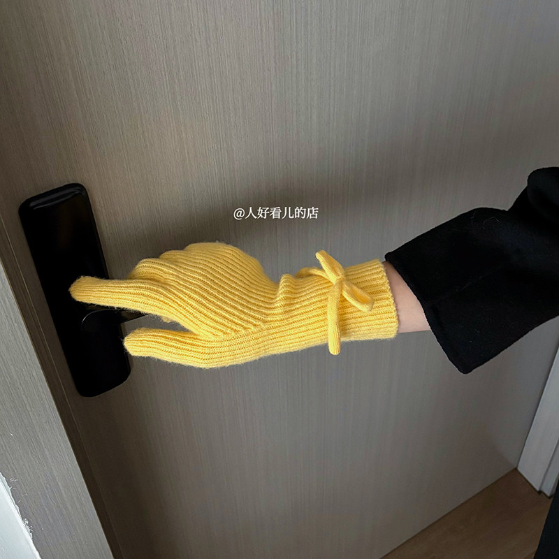 治愈蝴蝶结针织手套女可爱秋冬可触屏保暖防寒骑行毛线手套时尚潮