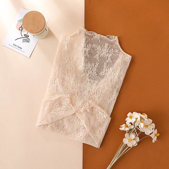 黑色半高领蕾丝打底衫女秋冬高级感西装内搭薄纱透视透明网纱上衣