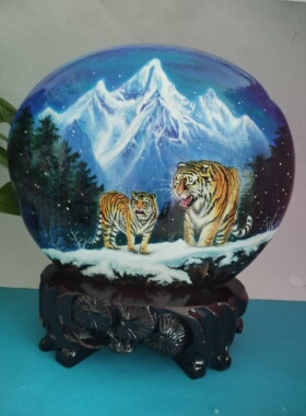 手绘石头画成品雪地双雄创意摆件同款图案酒柜客厅装饰送朋友老师
