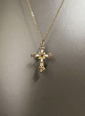 Sage Vintage古着 Golden petal cross项链中古金色十字架锁骨链