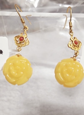 禧芙蓉XFOROS925银镀金蜜蜡玫瑰花长款耳环手工复古民族风耳钉