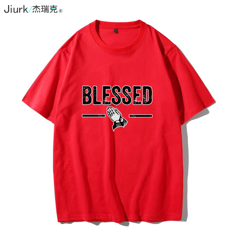 Blessed 祈愿创意趣味图案学院风t恤短袖纯棉潮牌半袖男上衣服 - 图1