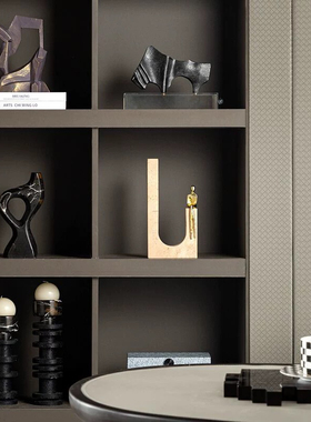 中古侘寂风样板房电视柜书柜酒店售楼部博古架挂画首饰盒组合摆件