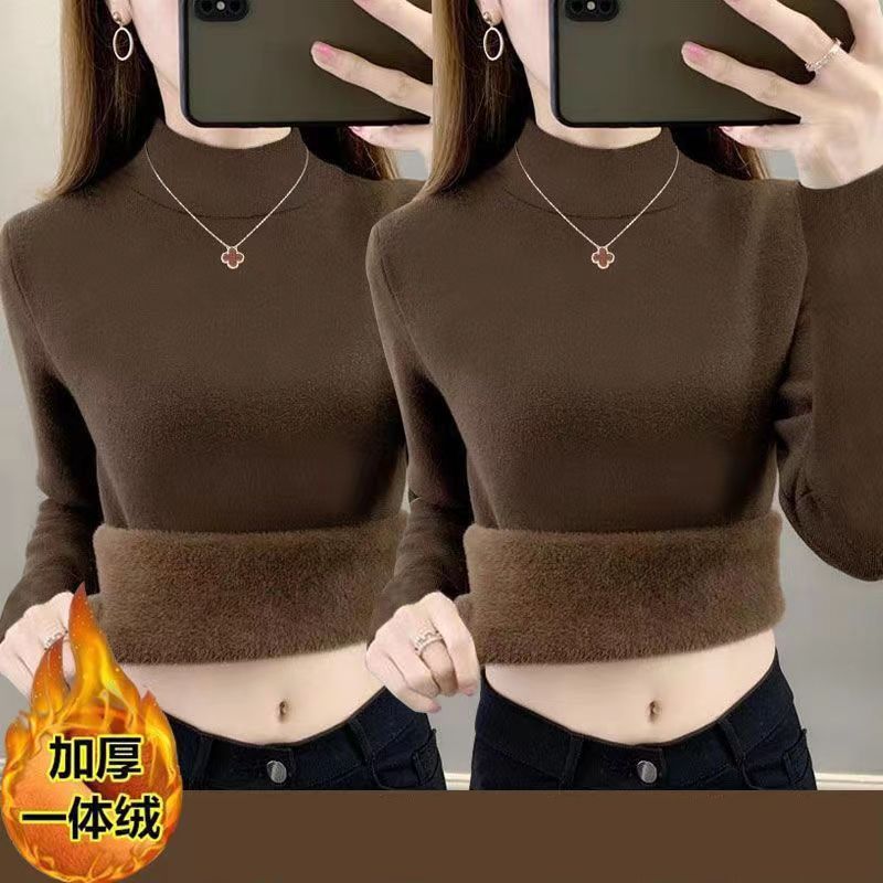 加厚一体绒半高领打底衫女秋冬新款厚实加绒保暖内搭洋气t恤上衣 - 图3