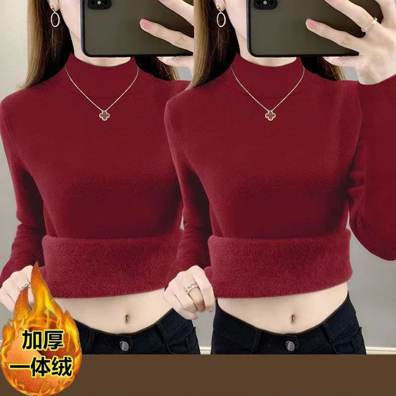 加厚一体绒半高领打底衫女秋冬新款厚实加绒保暖内搭洋气t恤上衣 - 图2