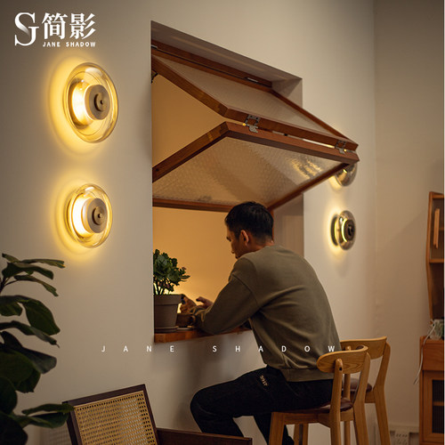 复古工业风黄铜玻璃壁灯设计师北欧客厅背景墙床头中古圆形灯具 - 图1