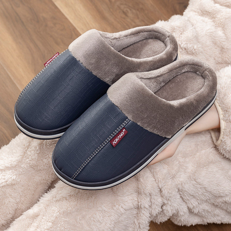 奥康高端皮面防水棉拖鞋男士秋冬季家居室内加绒保暖包跟PU皮拖鞋,淘宝优惠券,粉丝福利购,淘宝优惠卷