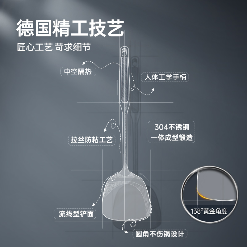 炊大皇加厚304不锈钢长柄锅铲环保无涂层炒菜铲子煎铲不锈钢铲