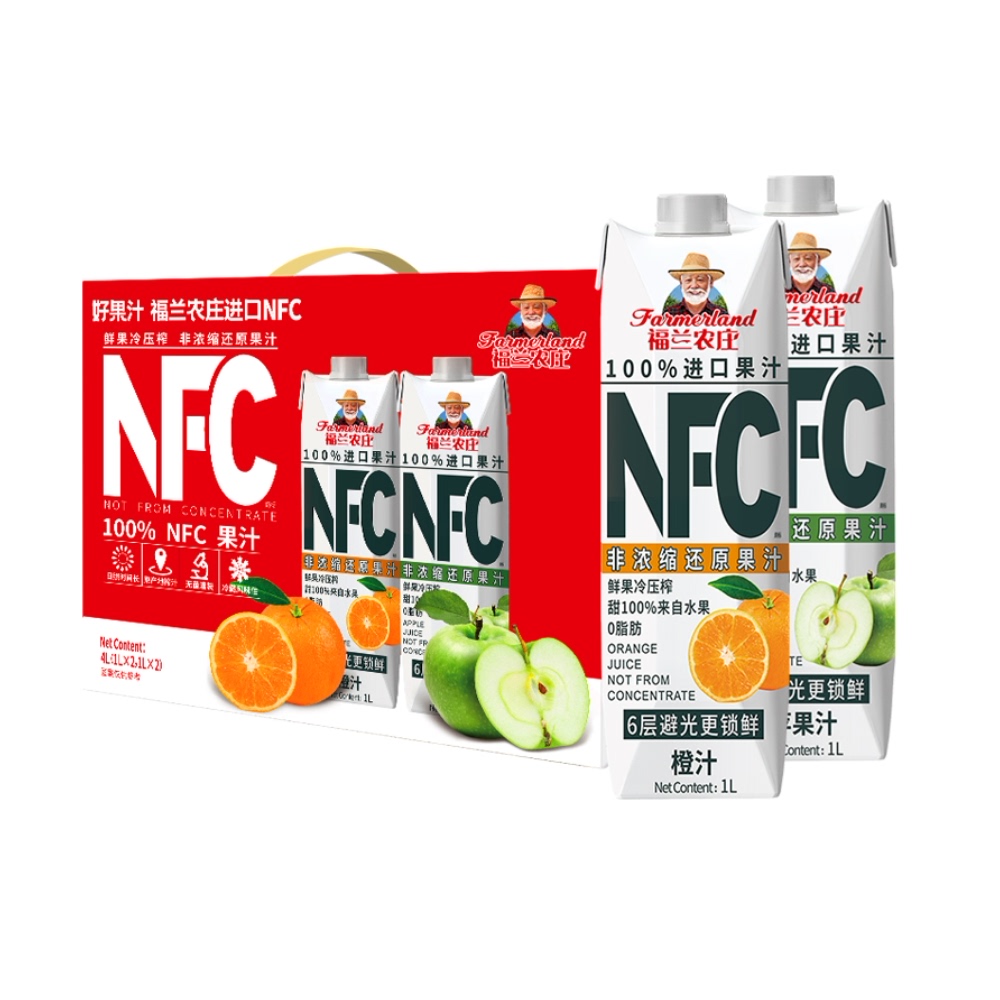 天猫超市【年货礼盒】进口福兰农庄100%NFC橙汁和苹果汁纯果汁饮料1L*4瓶0
