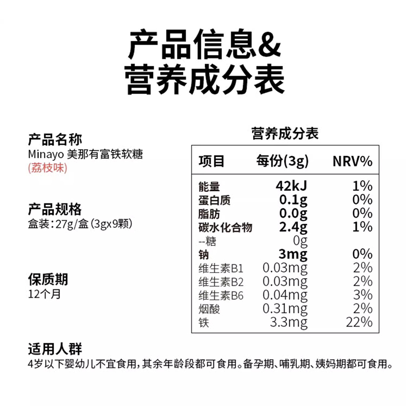 Minayo 美那有富铁软糖儿童孕妇成人荔枝味0糖0脂9颗*1盒 - 图3