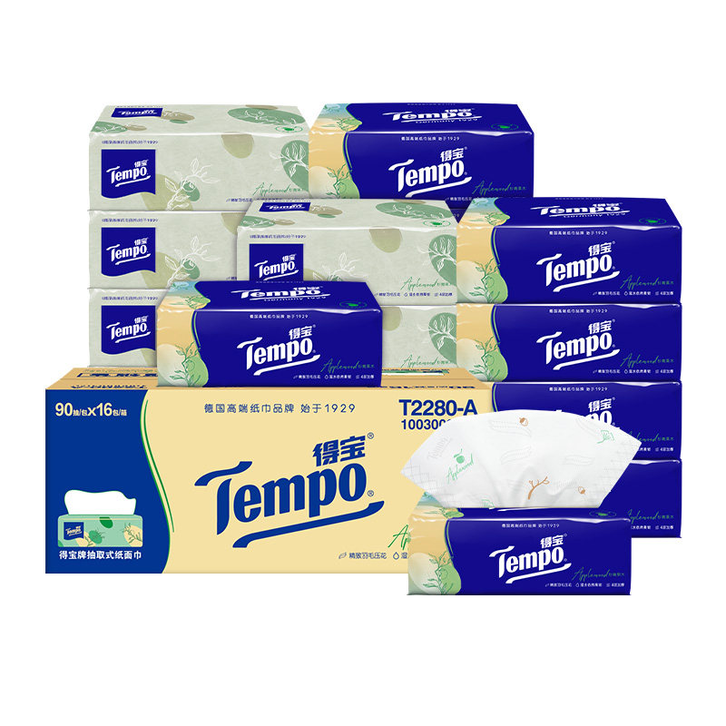 【新品上市】Tempo/得宝抽纸4层加厚杉青果木香纸巾软抽90抽*16包