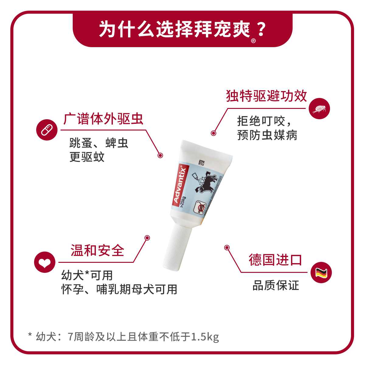 德国拜耳拜宠爽驱虫药驱杀跳蚤蜱虫狗用体外驱虫25kg以上4ml*2支 - 图1