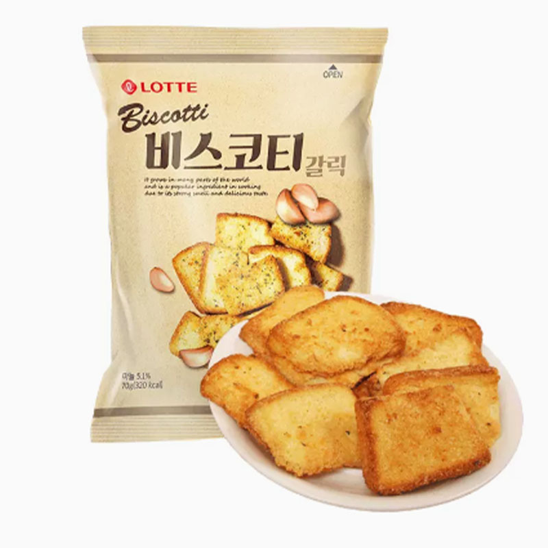 韩国进口乐天蒜香烤面包片70g*3酥性饼干烤馍片非油炸膨化食品