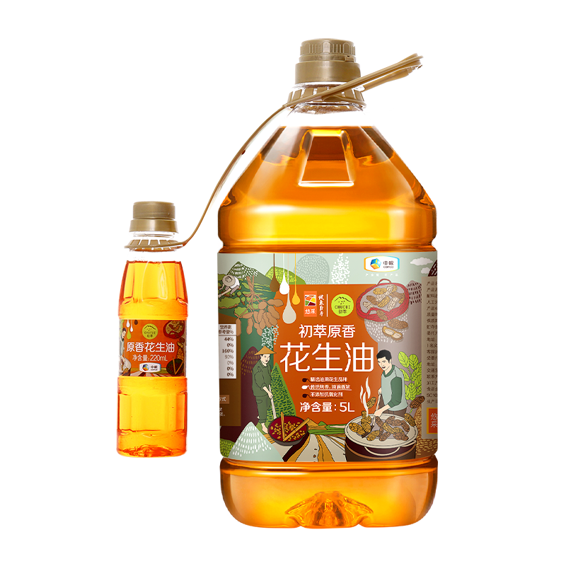 中粮初萃原香花生油5L+220ml*1桶传统压榨营养香浓-图0