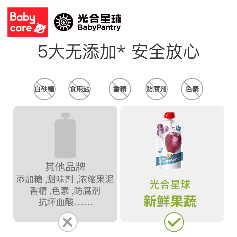 天猫超市babycare新西兰辅食品牌光合星球原装进口果泥100g*5袋婴儿吸吸袋1