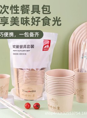 露营一次性餐具碗筷杯套装三件套