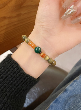 新中式复古绿色香檀木串珠手链女轻奢小众情侣可调节抽拉式手串潮