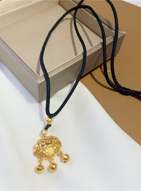 镂空祥云长命锁吊坠黑绳子项链女越南沙金福字铃铛锁骨链久不掉色